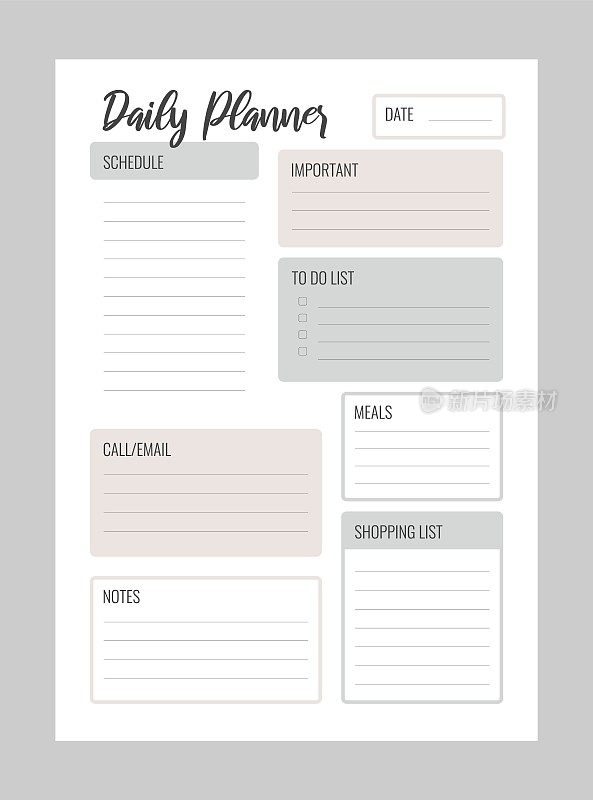 每日计划表打印矢量模板。空白的管理页面A4, A5。业务日程页为一天的有效计划。个人笔记本电脑。纸张。白色背景。